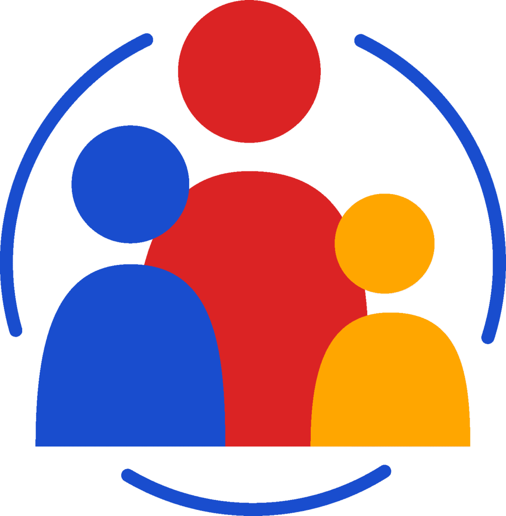 Arkansas Counts logo icon: illustration of three people using colored shapes