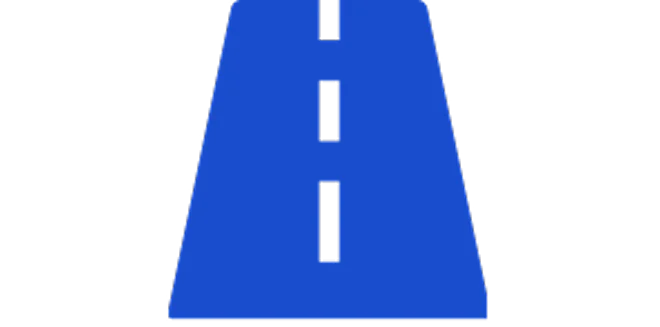 A blue icon of a straight road with a dashed white centerline, seen in a simplified, graphic style on a light background.